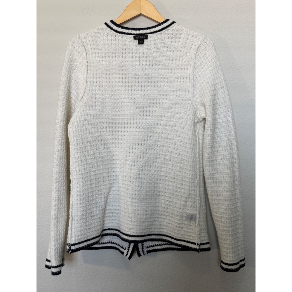 J Jill Wearever White Navy Textured Knit Cardigan Sweater S Tall Nautical - Picture 7 of 15